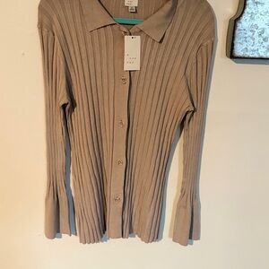 A New Day Beige Ribbed Button-Up Top